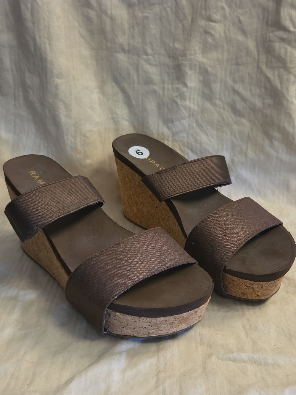 Rampage Julian Brown Shimmer Cork Wedge Platform Heel Slip On Sandals Shoes Sz 9